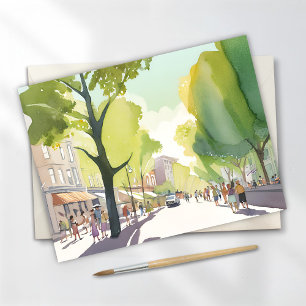 Beacon Street Sommar   Boston, MA Akvarell Kort