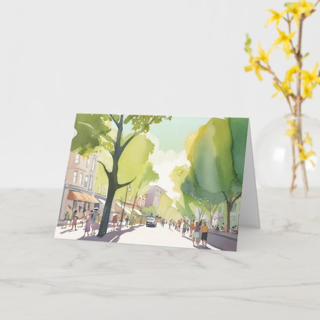Beacon Street Sommar | Boston, MA Akvarell Kort (Gul blomma)
