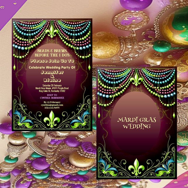 Bead & Brews Fleur De Lis Mardi Gras Bröllopsfest Inbjudningar (Bead & Brews Fleur De Lis Mardi Gras Wedding Party Invitation)