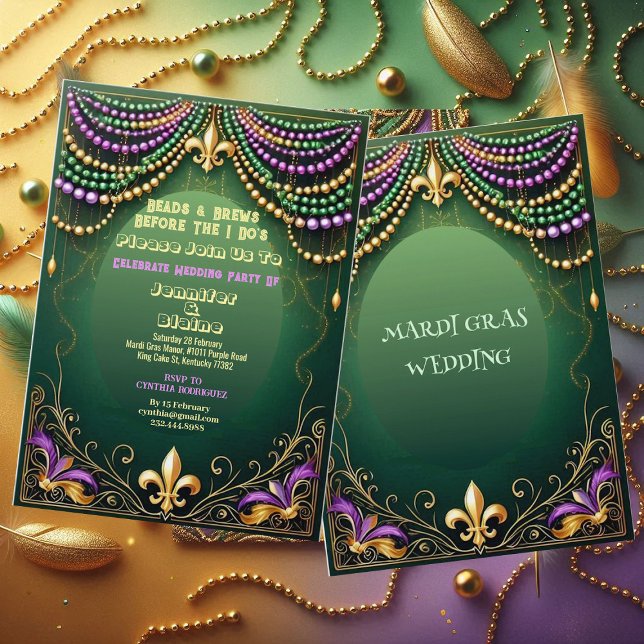 Bead & Brews Fleur De Lis Mardi Gras Bröllopsfest Inbjudningar (Bead & Brews Fleur De Lis Mardi Gras Wedding Party Invitation)