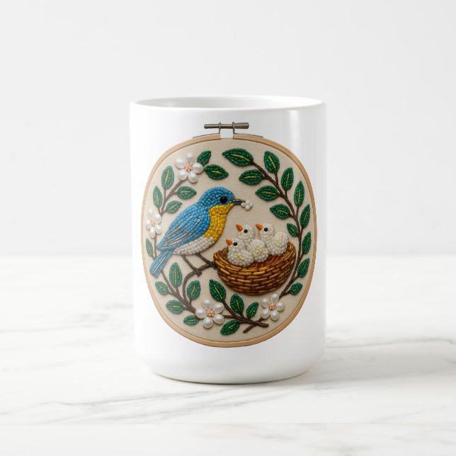 Beaded Bluebird Family Embroidery Hoop Art Kaffemugg (Center)