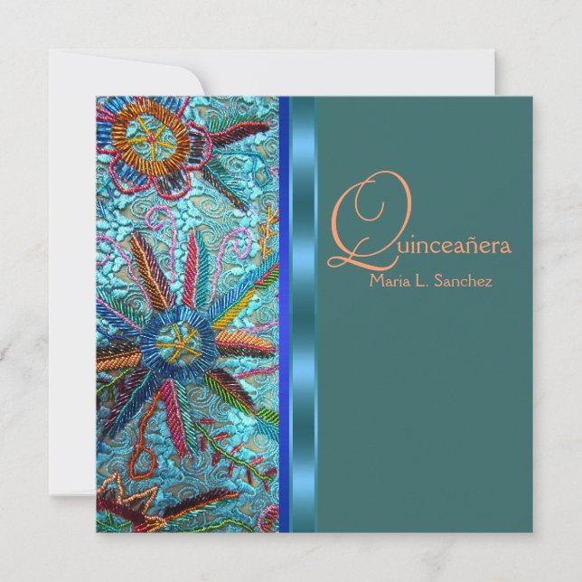Beaded Turkos Blue Orange Quinceanera Inbjudningar (Framsida)