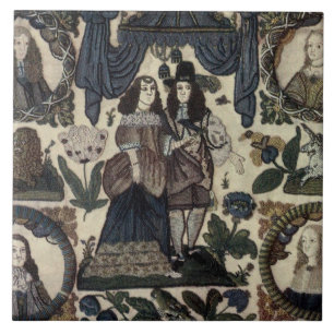 Beadwork Embroidery Charles II och Hans Queen Kakelplatta