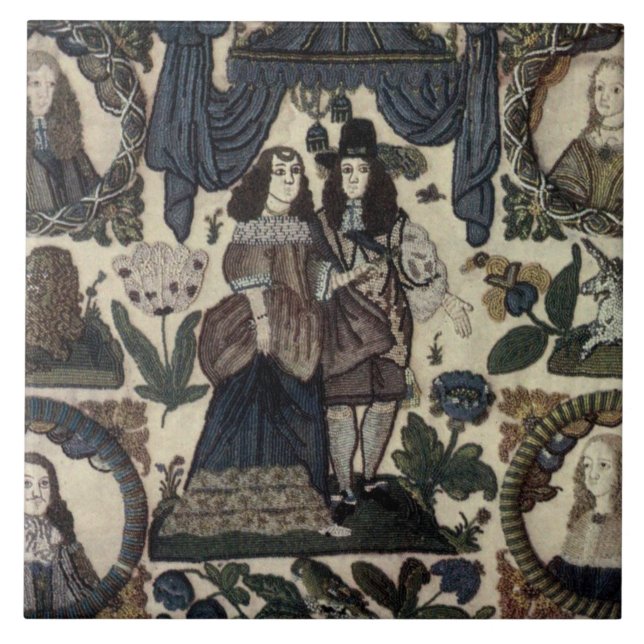 Beadwork Embroidery Charles II och Hans Queen Kakelplatta (Framsidan)