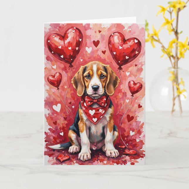 Beagle Alla hjärtans dag Hund med Hjärtan Röd Kort (Gul blomma)