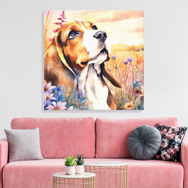 Beagle Älskare med Vildblomsäng Canvastryck (Insitu (Vardagsrum))