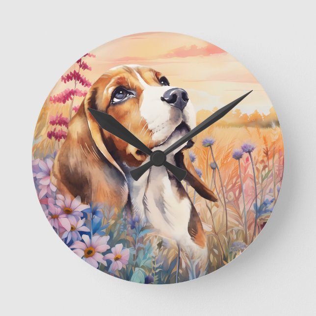 Beagle Älskare med Vildblomsäng Rund Klocka (Framsida)