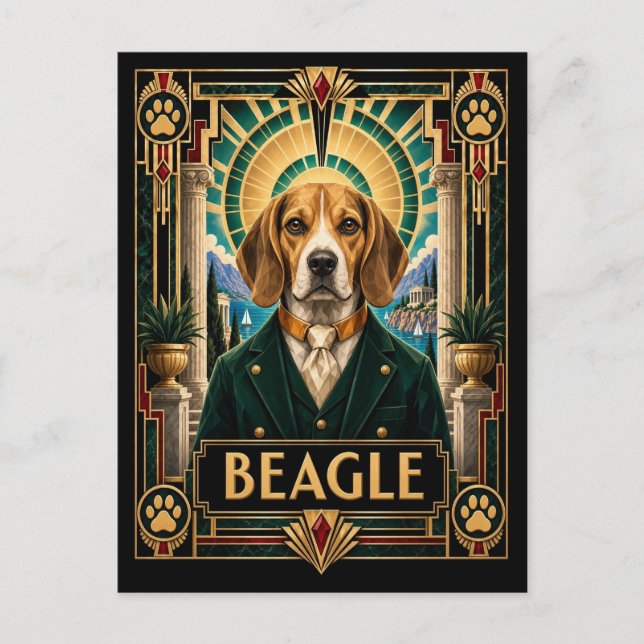 Beagle, Art Deco Hund Vykort (Framsida)