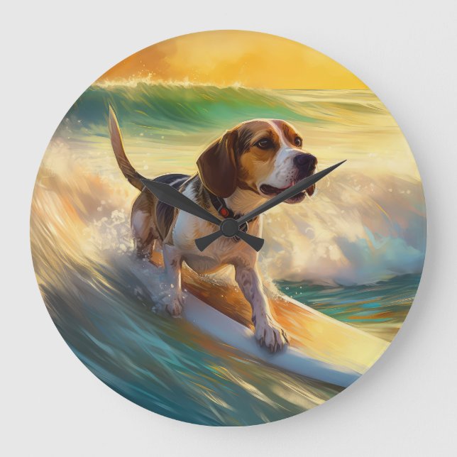 Beagle Beach Surfing Målning Stor Klocka (Framsida)