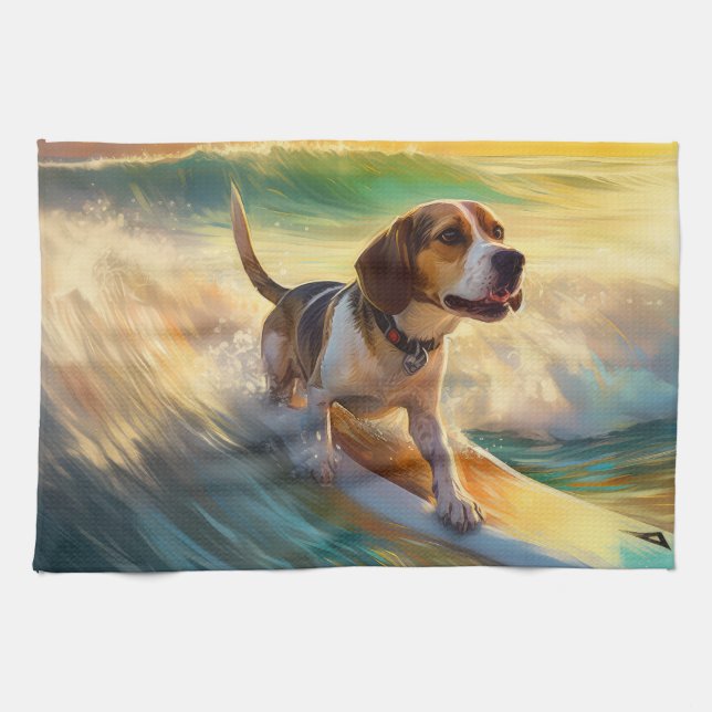 Beagle Beach Surfning Målning Kökshandduk (Horisontell)