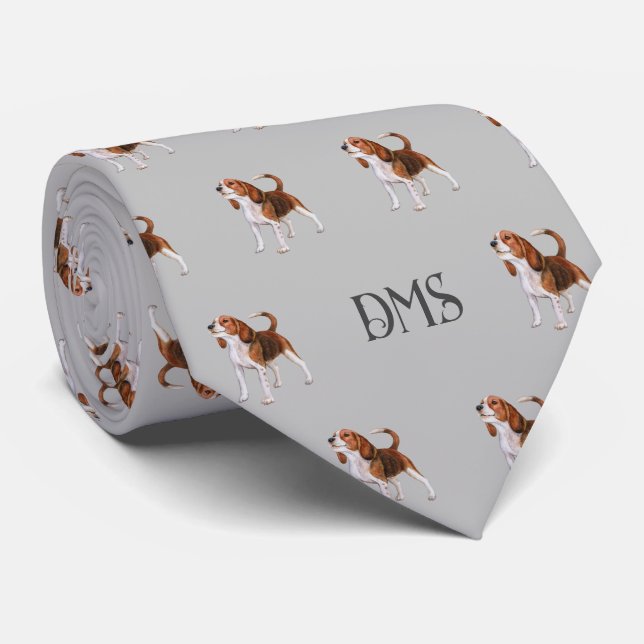 Beagle Bliss: Monogrammed Beagle Mönster Grått Slips (Rullad)