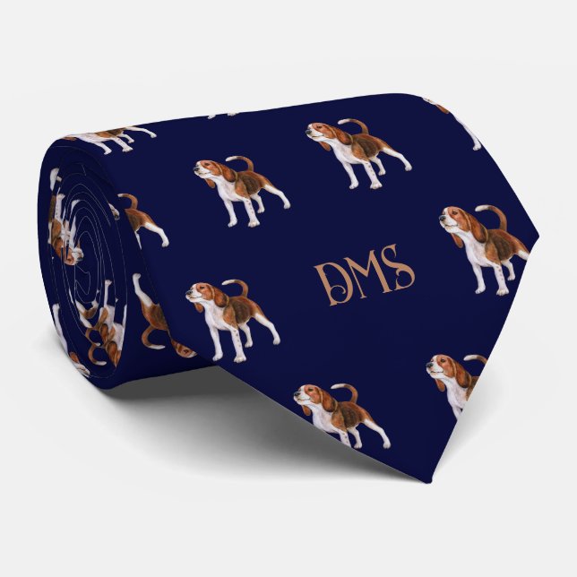 Beagle Bliss: Monogrammed Beagle Mönster marinblåt Slips (Rullad)