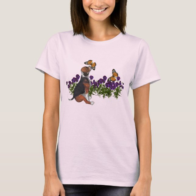 Beagle Butterflies Flowers Cute Hund T Shirt (Framsida)