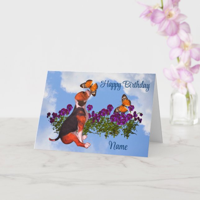 Beagle Butterflies Pansies Cute Birthday Kort (Orkide)