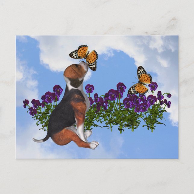 Beagle Butterflies Pansies Cute Hund vykort (Framsida)