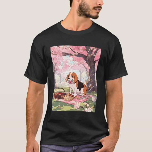 Beagle Cherry Blommar Rolig hund Picnic T Shirt (Framsida)