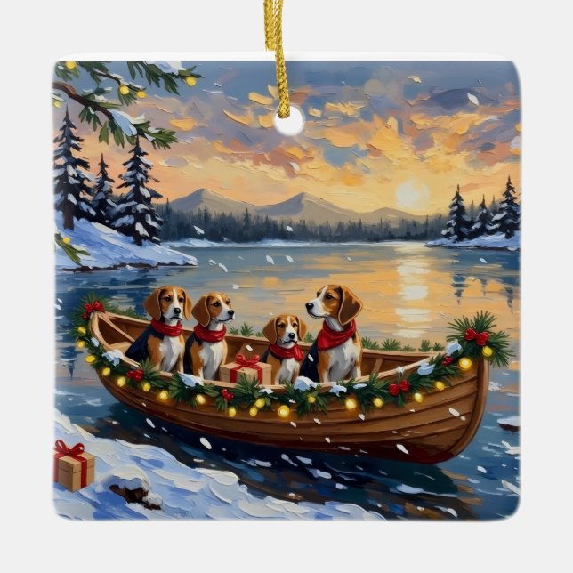Beagle Christmas Boat Holiday Julgransprydnad Keramik (Framsida)