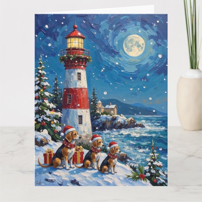 Beagle Christmas Lighthouse Holiday Kort (Framsida)