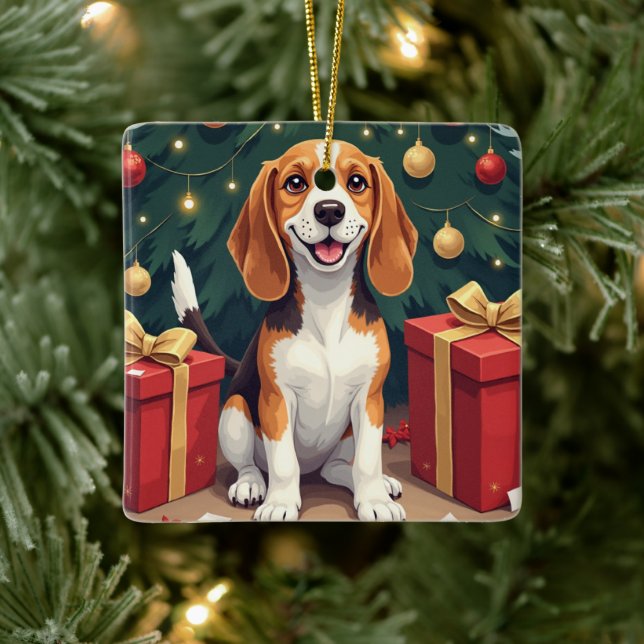 Beagle Christmas Morning Gift-Unboxing Painting Julgransprydnad Keramik (Träd)