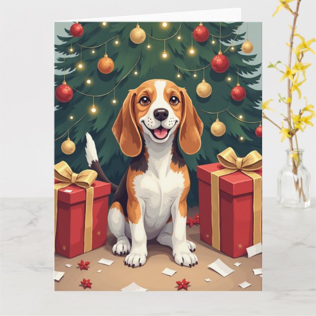 Beagle Christmas Morning Gift-Unboxing Painting Kort (Gul blomma)