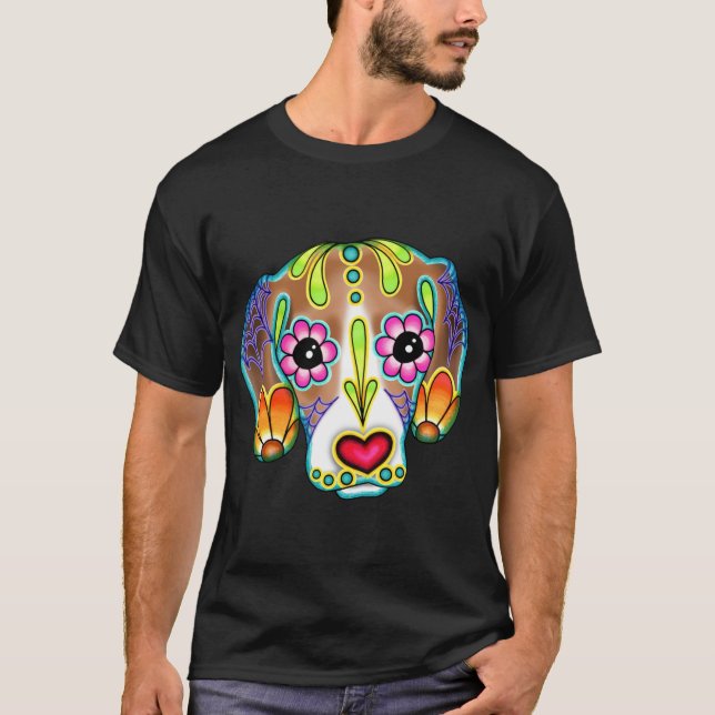 Beagle - Day of the dead Sugar Skull Hund T Shirt (Framsida)