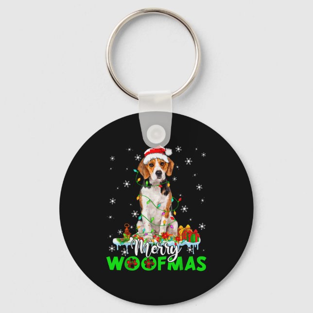 Beagle Dog Merry Woofmas Funny Xmas Lights Santa H Nyckelring (Framsida)