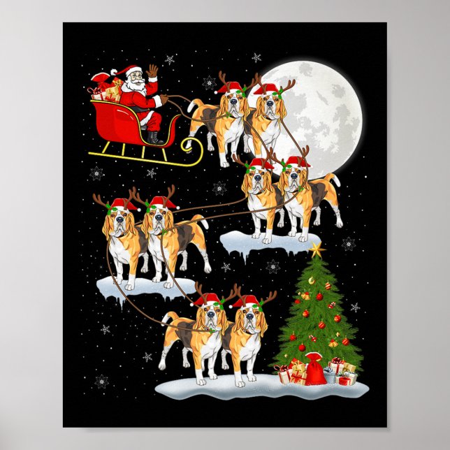 Beagle Dog Santa Sleigh Flying Funny Magical Chris Poster (Framsidan)