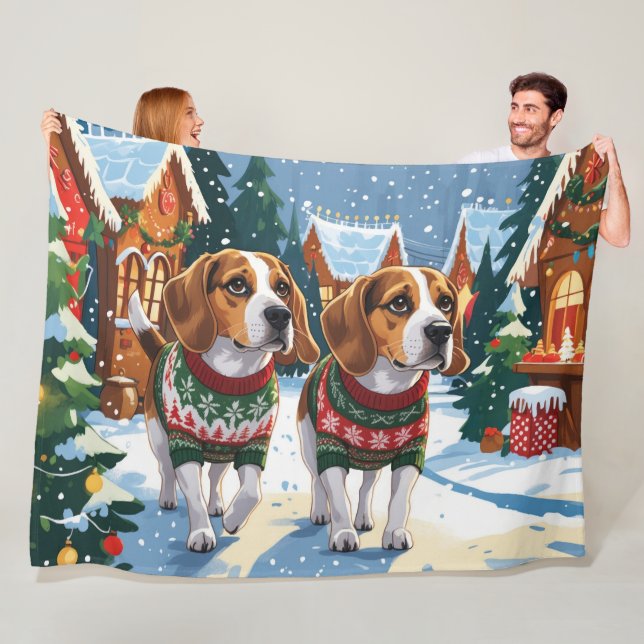 Beagle Dogs Christmas Snow Holiday Fleecefilt (På plats)