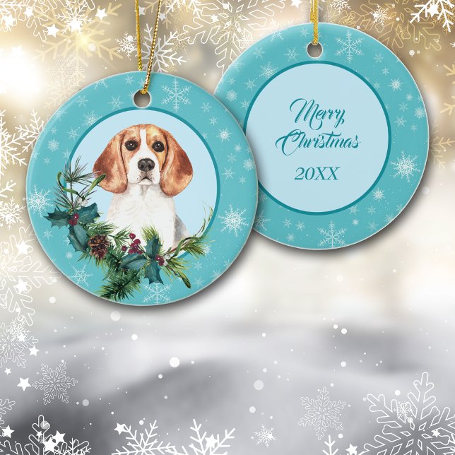 Beagle Evergreen Blue Snowflake Gräns Julgransprydnad Keramik (Skapare uppladdad)