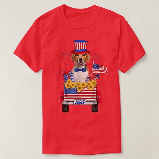 Beagle Fireworks Sunrose America Hund 4:e juli T Shirt (Design framsida)