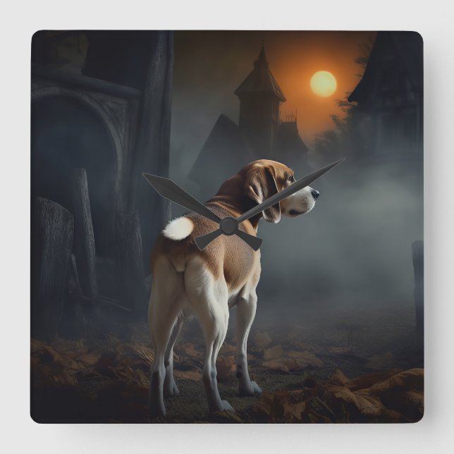 Beagle Halloween Skräckinjagande Fyrkantig Klocka (Framsida)