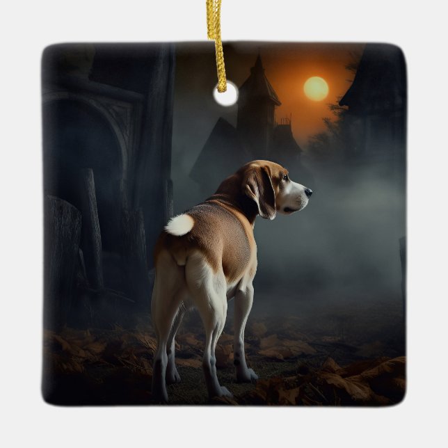 Beagle Halloween Skräckinjagande Julgransprydnad Keramik (Framsida)