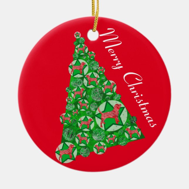 Beagle Hound Dog Silhouette Christmas Tree Red Julgransprydnad Keramik (Framsidan)