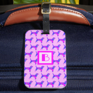 Beagle Hound Hund Rosa & Blue Silhouette Monogram Bagagebricka