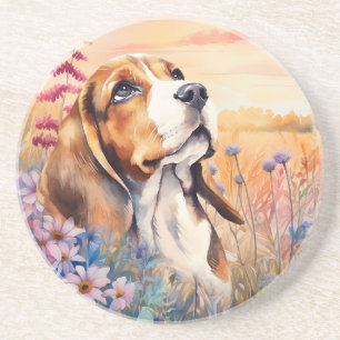 Beagle Hund Älskare med Vildblomma Äng Sandsten Underlägg