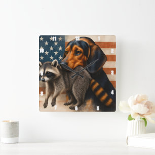 Beagle Hund and Raccoon Illustration with American Fyrkantig Klocka