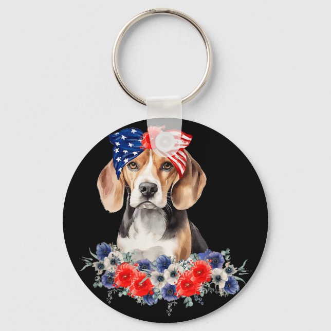 Beagle Hund Bandana Amerikansk Flagga 4:e Juli  Nyckelring (Framsida)
