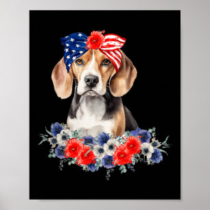 Beagle Hund Bandana Amerikansk Flagga 4:e Juli Poster