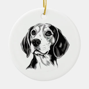 Beagle Hund Black and White Outline Silhouette Julgransprydnad Keramik