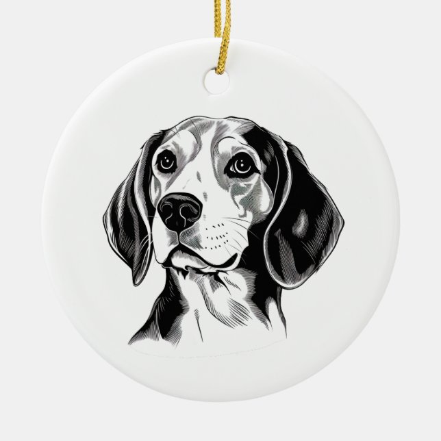 Beagle Hund Black and White Outline Silhouette Julgransprydnad Keramik (Framsidan)