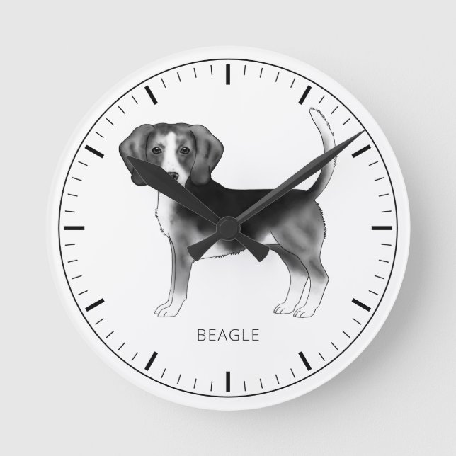 Beagle Hund Design i Svart Och Vitt Med Text Rund Klocka (Framsida)