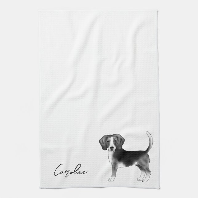 Beagle Hund design i svartvitt med Namn Kökshandduk (Vertikal)
