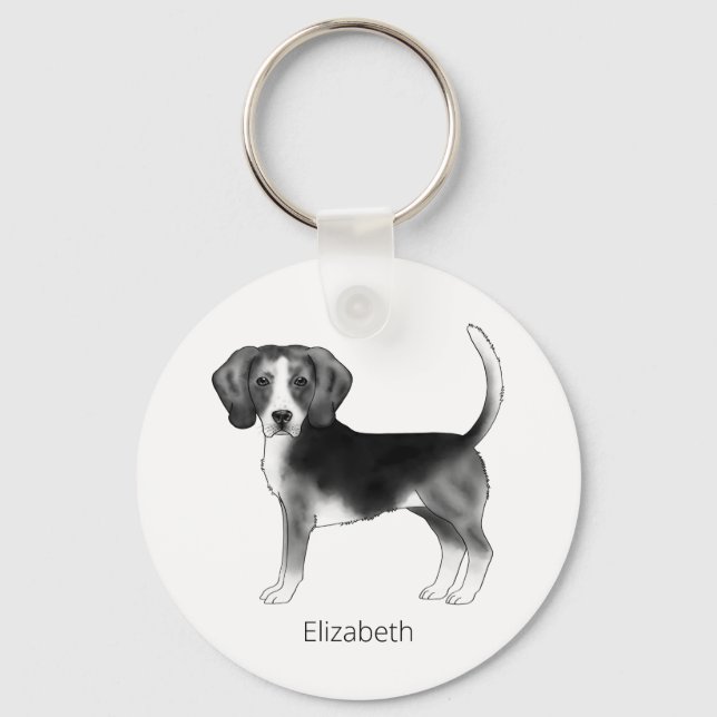 Beagle Hund design i svartvitt med Namn Nyckelring (Framsida)