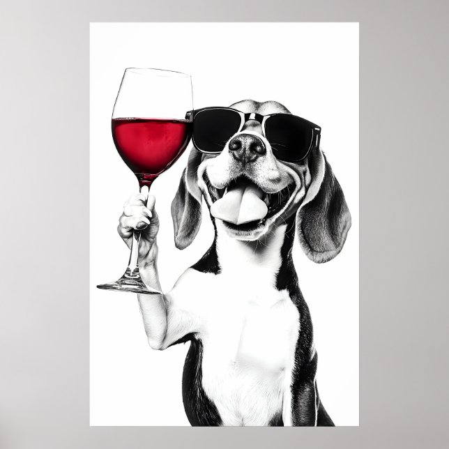Beagle Hund Dricker Vin Konsttryck Rolig Kök Poster (Framsidan)