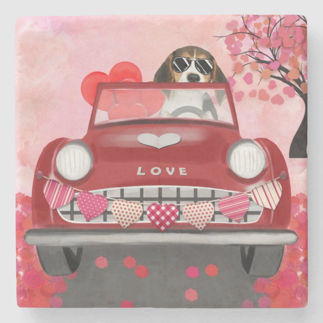 Beagle Hund Driving Car med Hearts Valentine Thr Stenunderlägg (Framsidan)