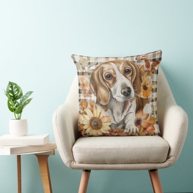 Beagle Hund Fall Vattenfärg Blommor Kudde (Stol)