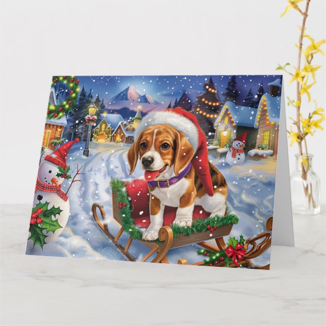 Beagle Hund i julen i Sleigh Snö Kort (Gul blomma)