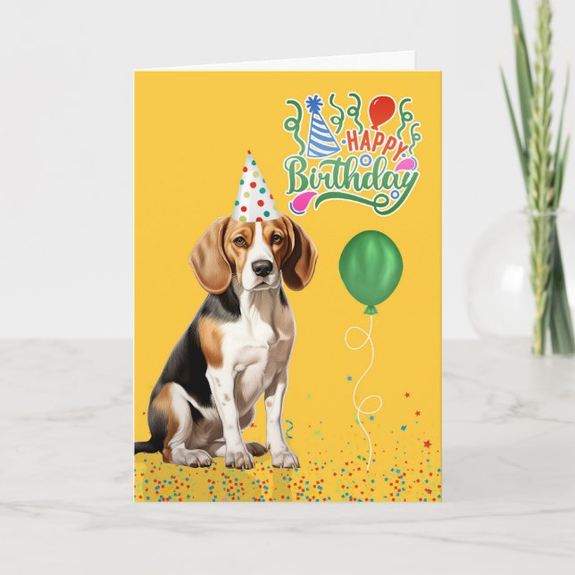 Beagle Hund i Party Hat på Gultens födelsedag Kort (Framsida)
