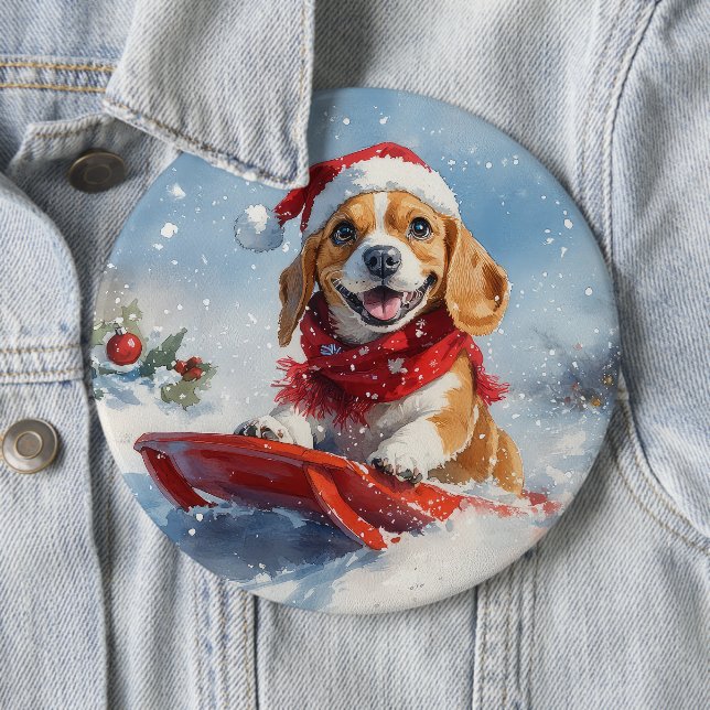Beagle Hund i Släd Låt det Snöa Jul Knapp (In Situ)