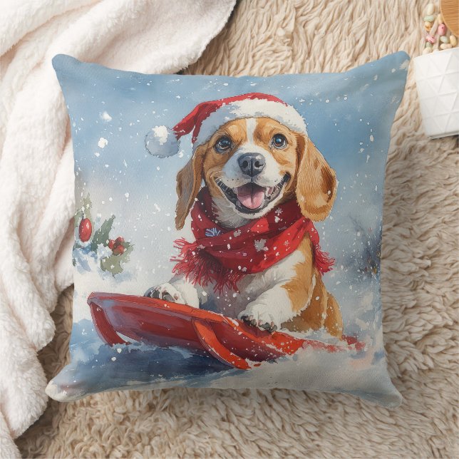 Beagle Hund i Släd Låt det Snöa Jul Kudde (Filt)